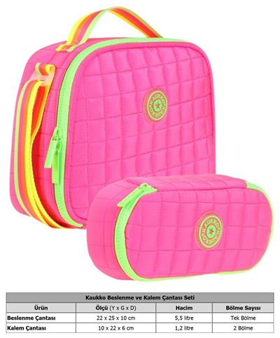 Kaukko Kapitone Okul Termoslu Beslenme Çantası ve Organizer Kalemlik Seti - Kız Çocuk - Pembe Yeşil
