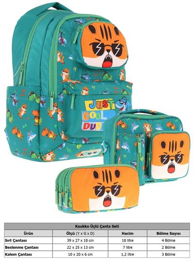 Kaukko Kids 3D Aslan Şekilli Erkek Çocuk Üçlü Okul Çantası Seti/Takımı - Yeşil (L5254+L7254+L8254)