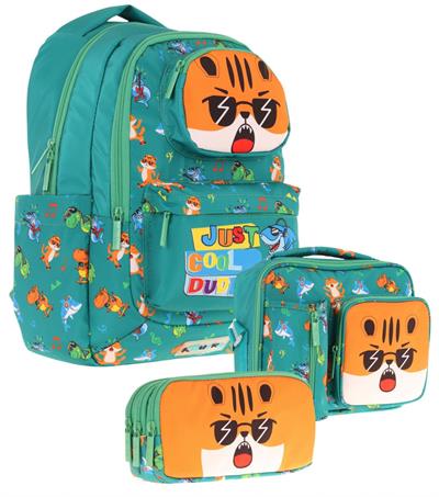 Kaukko Kids 3D Aslan Şekilli Erkek Çocuk Üçlü Okul Çantası Seti/Takımı - Yeşil (L5254+L7254+L8254)