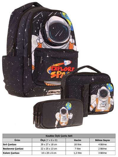 Kaukko Kids 3D Astronot Şekilli Erkek Çocuk Üçlü Okul Çantası Seti/Takımı - Siyah (L5253+L7253+L8253)