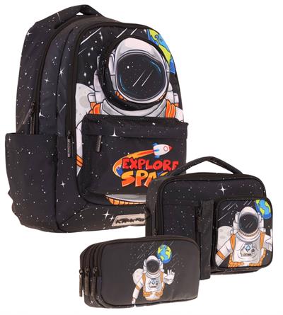Kaukko Kids 3D Astronot Şekilli Erkek Çocuk Üçlü Okul Çantası Seti/Takımı - Siyah (L5253+L7253+L8253)