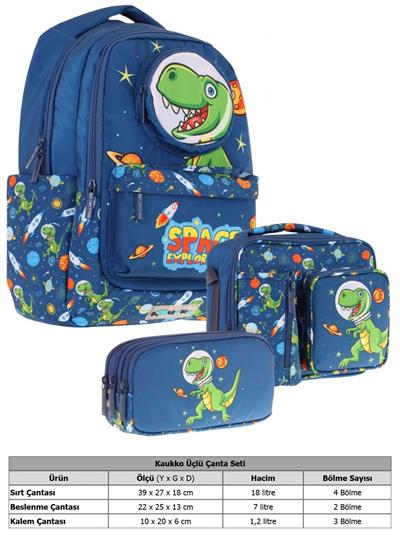 Kaukko Kids 3D Dinazor Şekilli Erkek Çocuk Üçlü Okul Çantası Seti/Takımı - Lacivert (L5252+L7252+L8252)