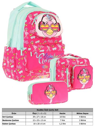 Kaukko Kids 3D Flamingo Şekilli Kız Çocuk Üçlü Okul Çantası Seti/Takımı - Kırmızı Yeşil (L5235+L7235+L8235)