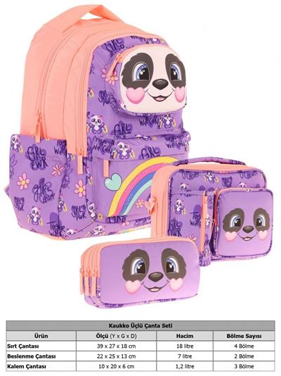 Kaukko Kids 3D Panda Şekilli Kız Çocuk Üçlü Okul Çantası Seti/Takımı - Mor Somon (L5233+L7233+L8233)