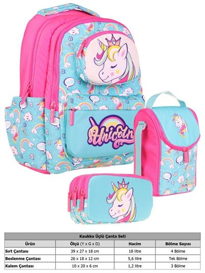 Kaukko Kids 3D Unicorn Şekilli Kız Çocuk Üçlü Okul Çantası Seti/Takımı - Turkuaz Pembe (L5155+L7155+L8155)