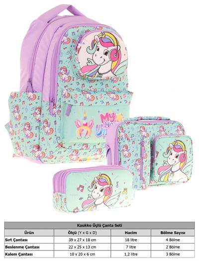 Kaukko Kids 3D Unicorn Şekilli Kız Çocuk Üçlü Okul Çantası Seti/Takımı - Turkuaz (L5234+L7234+L8234)