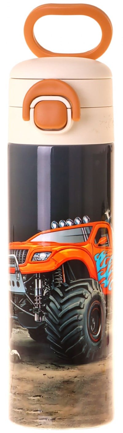 Kaukko Kids 520 ml Arazi Aracı Baskılı Siyah - Kırmızı Erkek Çocuk Çelik Termos Matara (Çift İçim Kilitli Kapak) - L5362