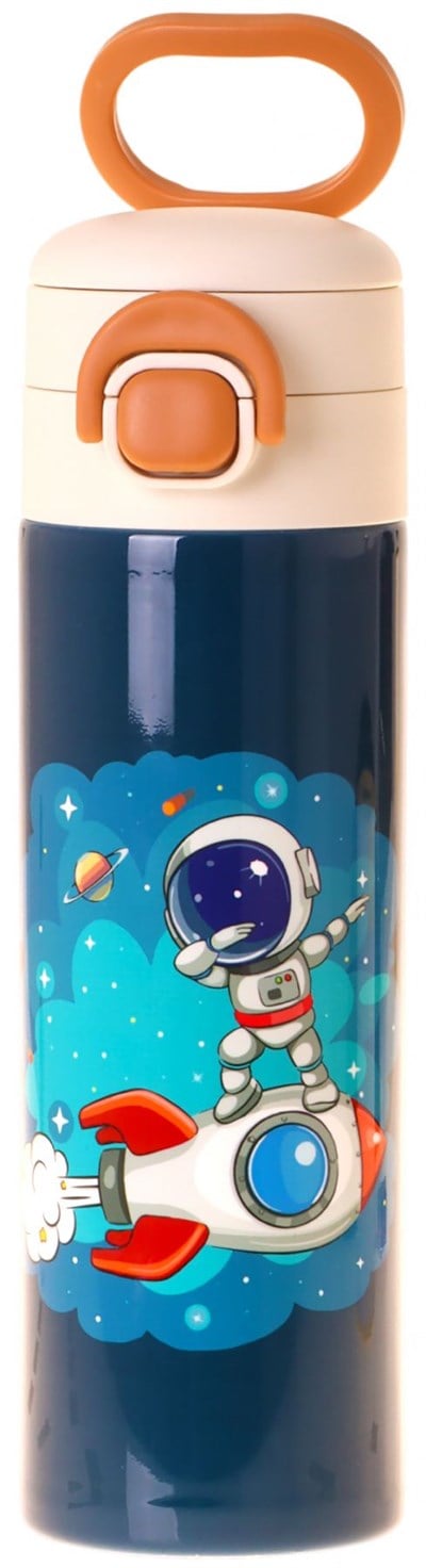 Kaukko Kids 520 ml Astronot Baskılı Lacivert Erkek Çocuk Çelik Termos Matara (Çift İçim Kilitli Kapak) - L5367