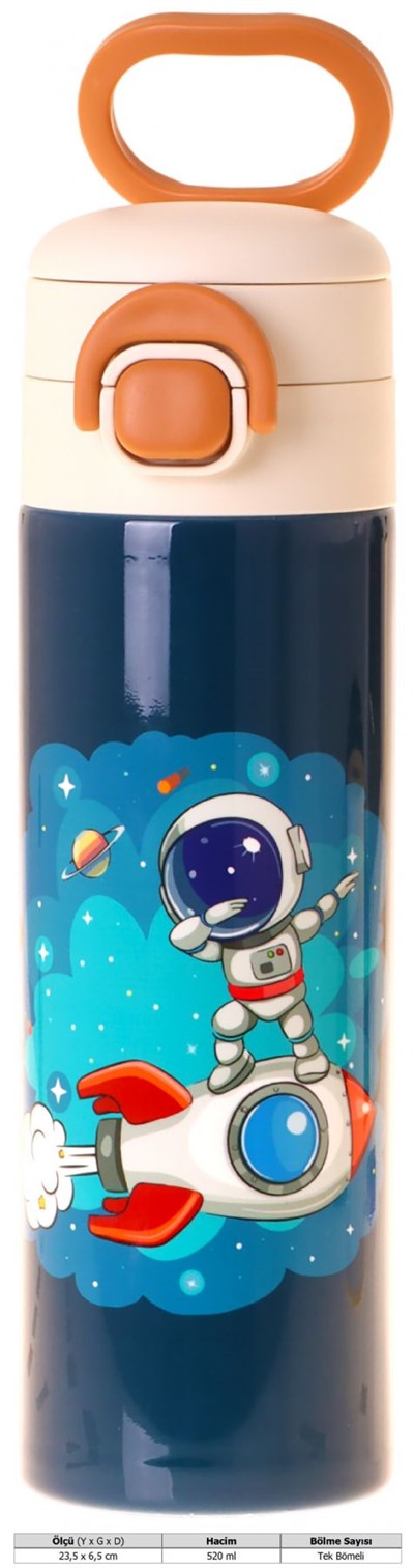 Kaukko Kids 520 ml Astronot Baskılı Lacivert Erkek Çocuk Çelik Termos Matara (Çift İçim Kilitli Kapak) - L5367
