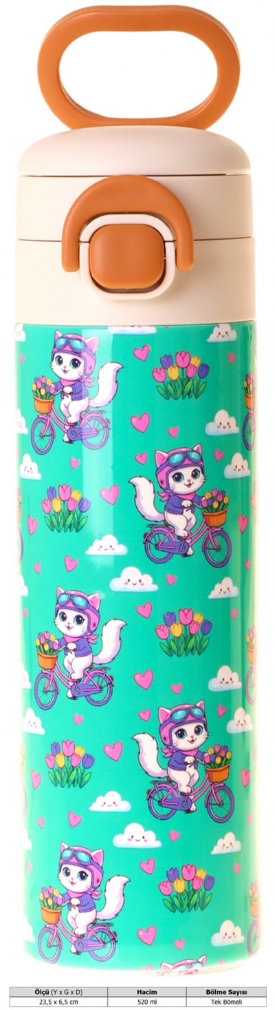 Kaukko Kids 520 ml Bisikletli Kedi Baskılı Yeşil Kız Çocuk Çelik Termos Matara (Çift İçim Kilitli Kapak) - L5331