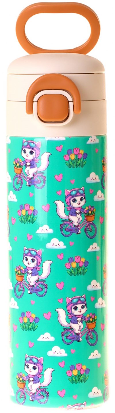 Kaukko Kids 520 ml Bisikletli Kedi Baskılı Yeşil Kız Çocuk Çelik Termos Matara (Çift İçim Kilitli Kapak) - L5331