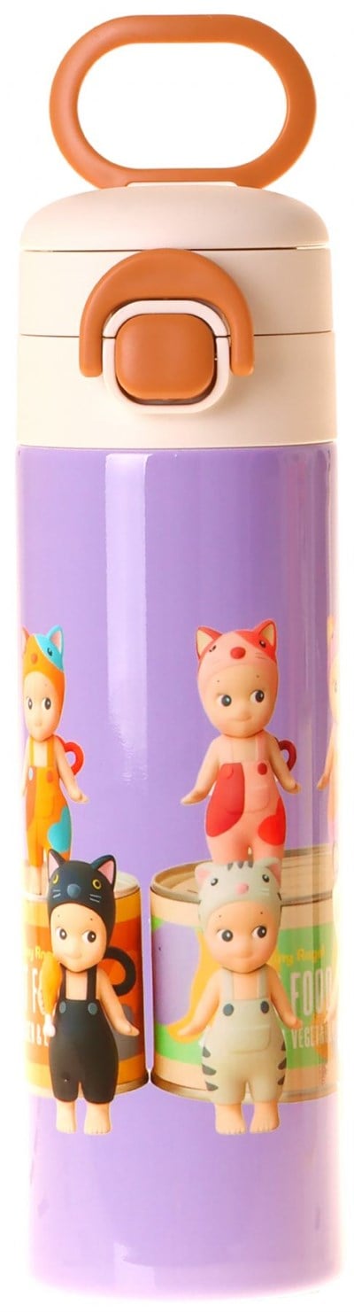 Kaukko Kids 520 ml Cat Life Baskılı Mor - Krem Kız Çocuk Çelik Termos Matara (Çift İçim Kilitli Kapak) - L5316