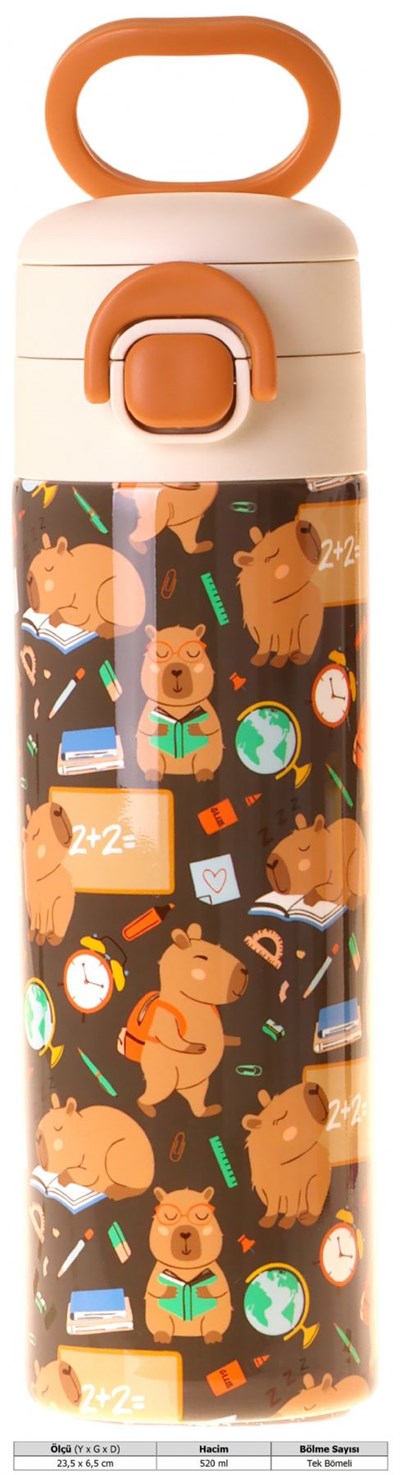 Kaukko Kids 520 ml Clever Baskılı Kahverengi Erkek Çocuk Çelik Termos Matara (Çift İçim Kilitli Kapak) - L5387