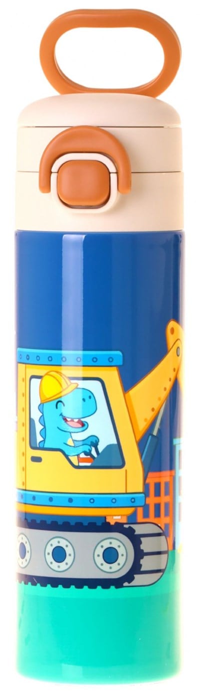 Kaukko Kids 520 ml Dinazor ve İş Makinesi Baskılı Mavi - Sarı Erkek Çocuk Çelik Termos Matara (Çift İçim Kilitli Kapak) - L5372