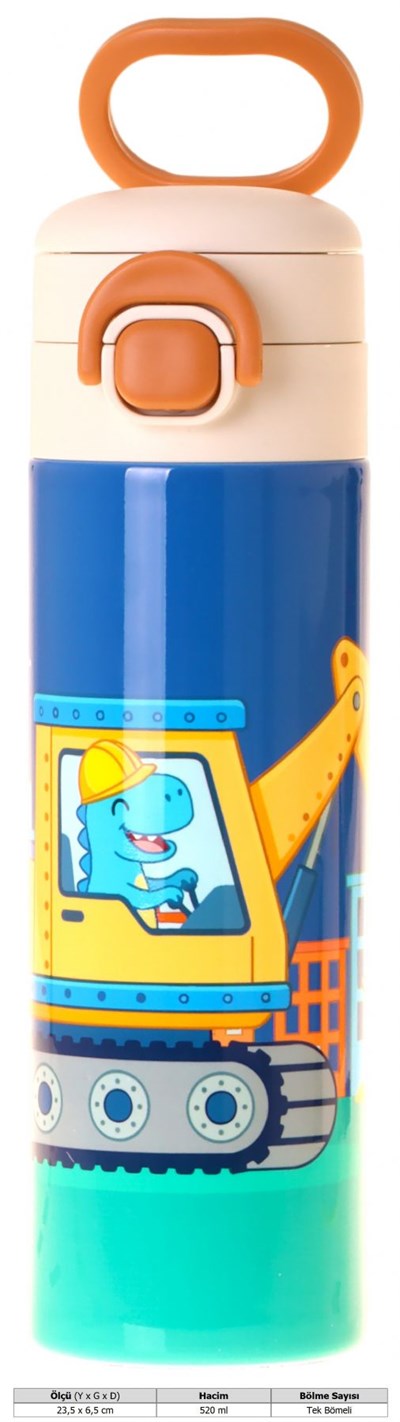 Kaukko Kids 520 ml Dinazor ve İş Makinesi Baskılı Mavi - Sarı Erkek Çocuk Çelik Termos Matara (Çift İçim Kilitli Kapak) - L5372