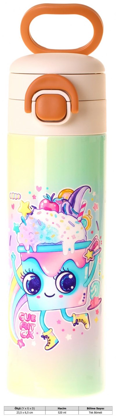 Kaukko Kids 520 ml Dondurma Desenli Pembe Kız Çocuk Çelik Termos Matara (Çift İçim Kilitli Kapak) - L5286