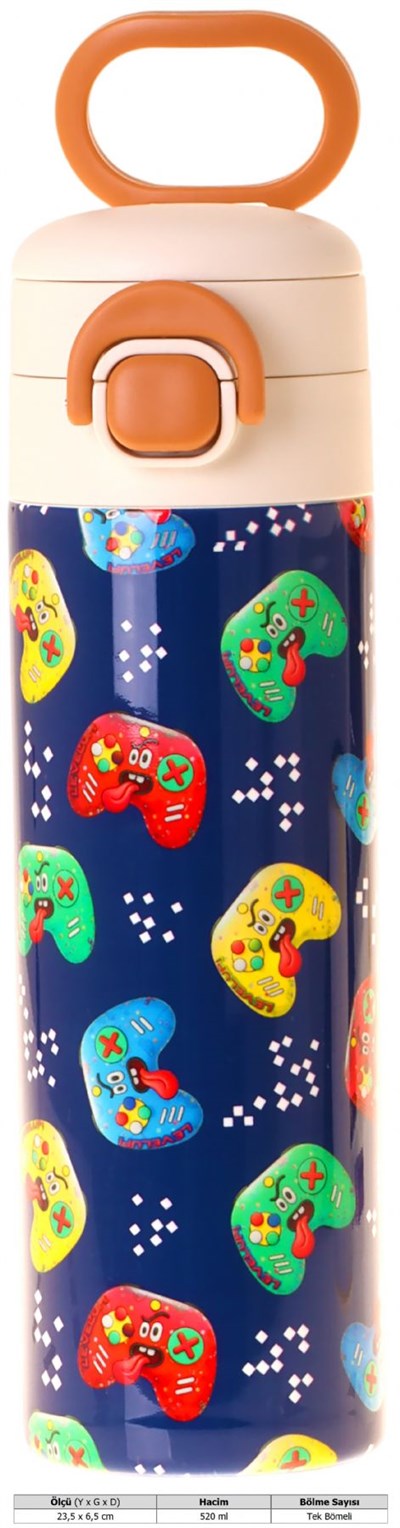 Kaukko Kids 520 ml Good Game Baskılı Lacivert - Kırmızı Erkek Çocuk Çelik Termos Matara (Çift İçim Kilitli Kapak) - L5392