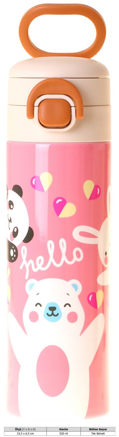 Kaukko Kids 520 ml Hello Baskılı Sarı - Pembe Kız Çocuk Çelik Termos Matara (Çift İçim Kilitli Kapak) - L5311
