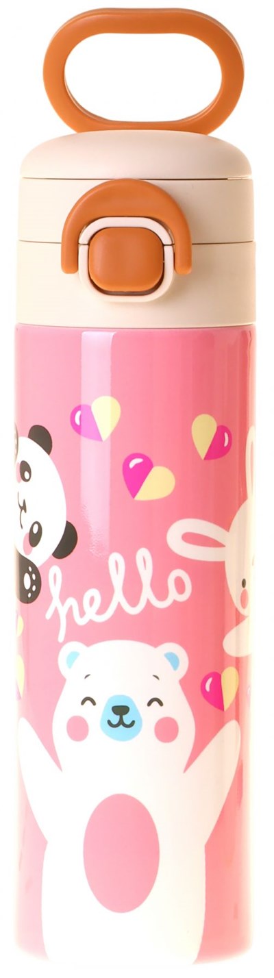 Kaukko Kids 520 ml Hello Baskılı Sarı - Pembe Kız Çocuk Çelik Termos Matara (Çift İçim Kilitli Kapak) - L5311