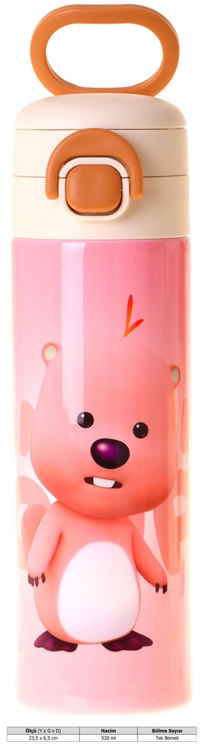 Kaukko Kids 520 ml Loopy Baskılı Pembe Kız Çocuk Çelik Termos Matara (Çift İçim Kilitli Kapak) - L5306