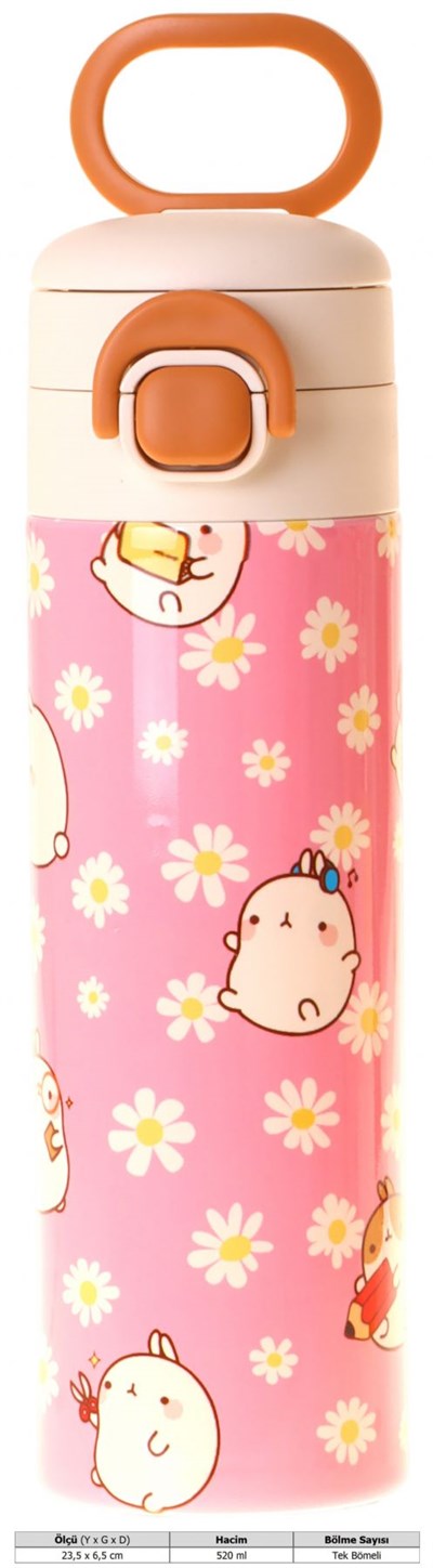 Kaukko Kids 520 ml Molang Baskılı Pembe - Sarı Kız Çocuk Çelik Termos Matara (Çift İçim Kilitli Kapak) - L5321