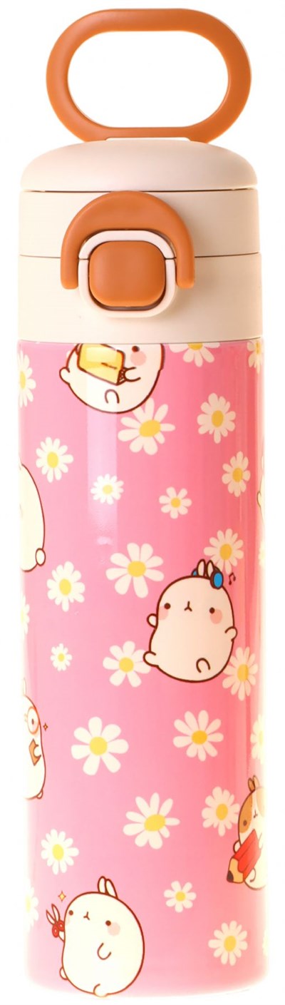 Kaukko Kids 520 ml Molang Baskılı Pembe - Sarı Kız Çocuk Çelik Termos Matara (Çift İçim Kilitli Kapak) - L5321