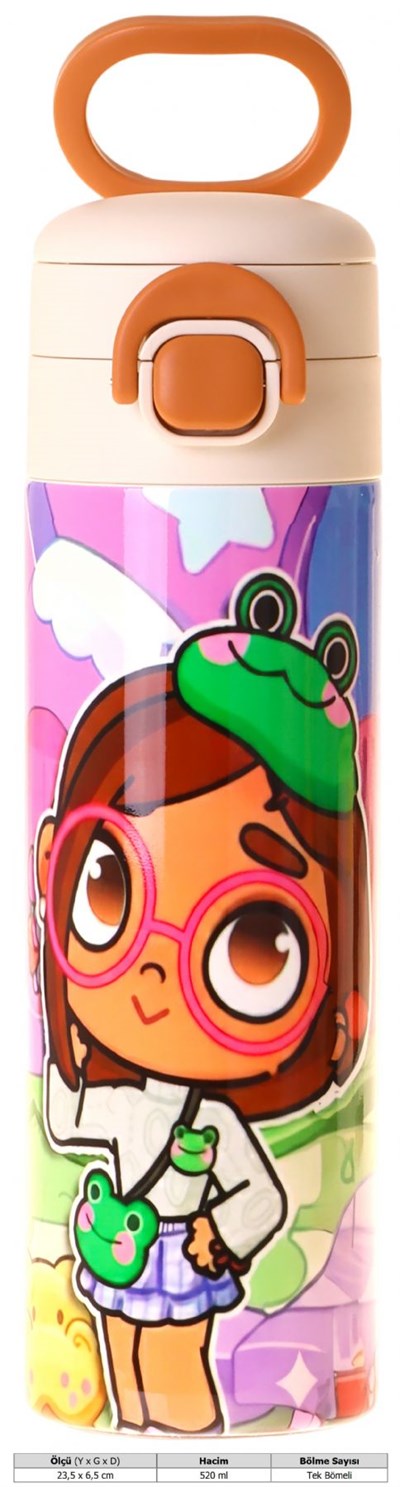 Kaukko Kids 520 ml Nagy Baskılı Pembe Kız Çocuk Çelik Termos Matara (Çift İçim Kilitli Kapak) - L5336
