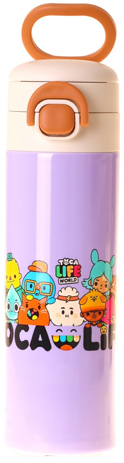 Kaukko Kids 520 ml Toca Life Baskılı Lila - Turkuaz Kız Çocuk Çelik Termos Matara (Çift İçim Kilitli Kapak) - L5341