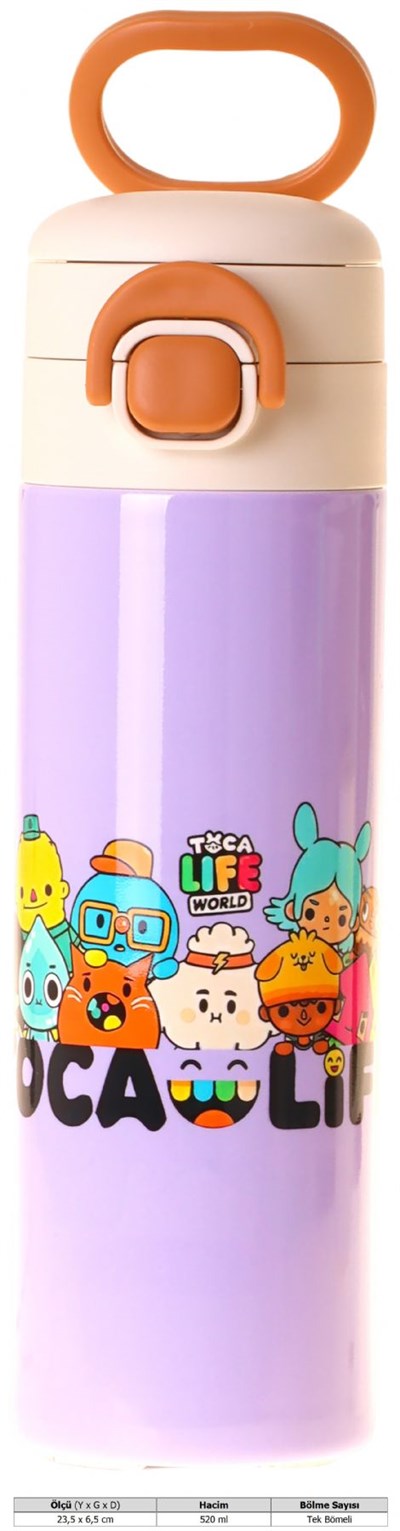 Kaukko Kids 520 ml Toca Life Baskılı Lila - Turkuaz Kız Çocuk Çelik Termos Matara (Çift İçim Kilitli Kapak) - L5341