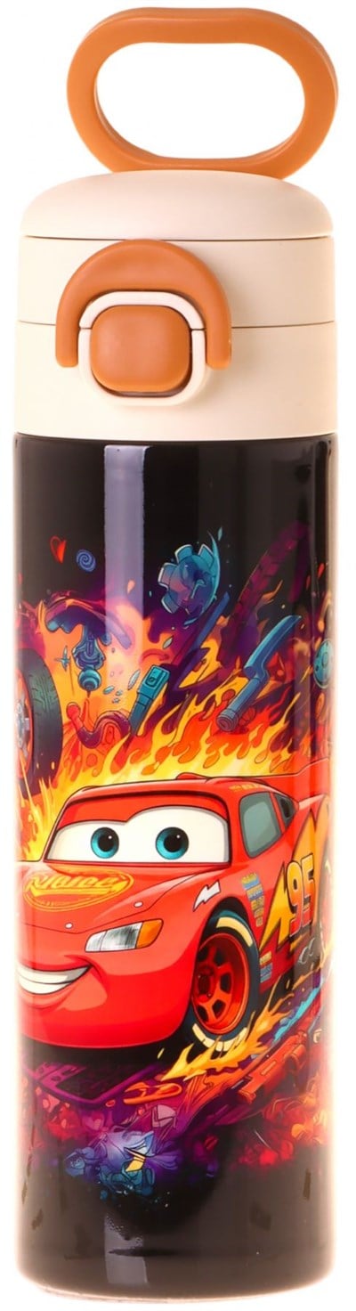 Kaukko Kids 520 ml Yarış Arabası Baskılı Kırmızı - Siyah Erkek Çocuk Çelik Termos Matara (Çift İçim Kilitli Kapak) - L5402