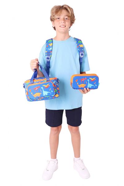 Kaukko Kids Armalı Dinazor Desenli Erkek Çocuk Üçlü İlkokul Okul Çantası Seti - Mavi