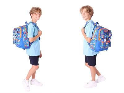 Kaukko Kids Armalı Dinazor Desenli Erkek Çocuk Üçlü İlkokul Okul Çantası Seti - Mavi