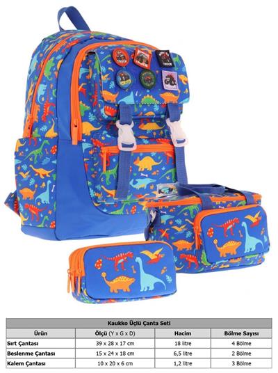 Kaukko Kids Armalı Dinazor Desenli Erkek Çocuk Üçlü İlkokul Okul Çantası Seti - Mavi
