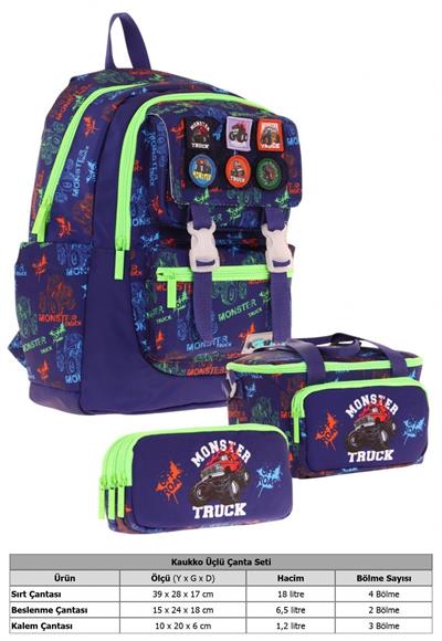 Kaukko Kids Armalı Kamyon Desenli Erkek Çocuk Üçlü İlkokul Okul Çantası Seti - Lacivert Yeşil