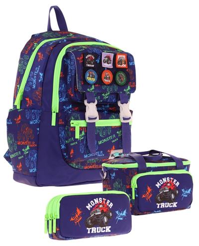 Kaukko Kids Armalı Kamyon Desenli Erkek Çocuk Üçlü İlkokul Okul Çantası Seti - Lacivert Yeşil