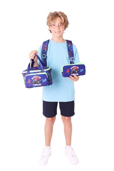 Kaukko Kids Armalı Kamyon Desenli Erkek Çocuk Üçlü İlkokul Okul Çantası Seti - Lacivert Yeşil