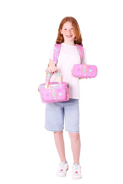 Kaukko Kids Armalı Yazı Desenli Kız Çocuk Üçlü İlkokul Okul Çantası Seti - Pembe