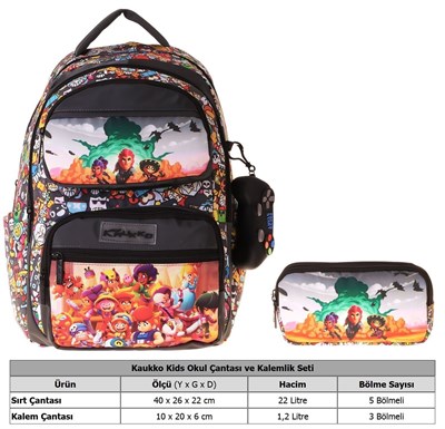 Kaukko Kids Aviator Siyah Erkek Çocuk İlkokul Sırt Çantası ve Kalem Çantası Seti - SETKK-L5424C