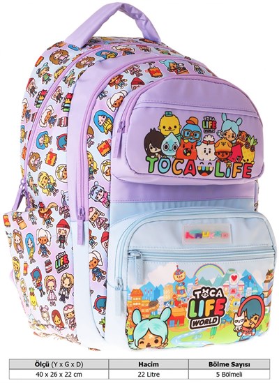 Kaukko Kids Beş Bölmeli Kız Çocuk Toca Life Baskılı Lila - Turkuaz İlkokul Okul Sırt Çantası - L5338