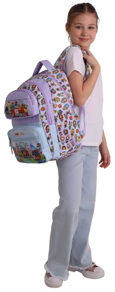 Kaukko Kids Beş Bölmeli Kız Çocuk Toca Life Baskılı Lila - Turkuaz İlkokul Okul Sırt Çantası - L5338