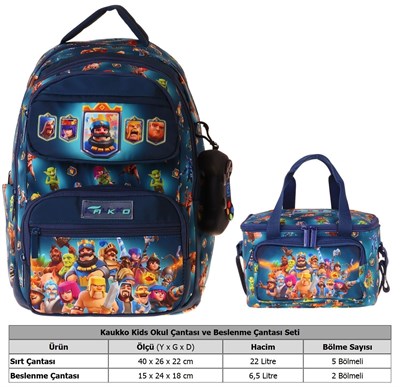 Kaukko Kids Boom Erkek Çocuk Lacivert İlkokul Sırt Çantası ve Beslenme Çanta Seti - SETKK-L5419B