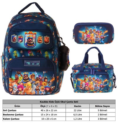 Kaukko Kids Boom(Lacivert Renk) Erkek Çocuk Üçlü İlkokul Okul Çantası Seti/Takımı - SETKK-L5419A