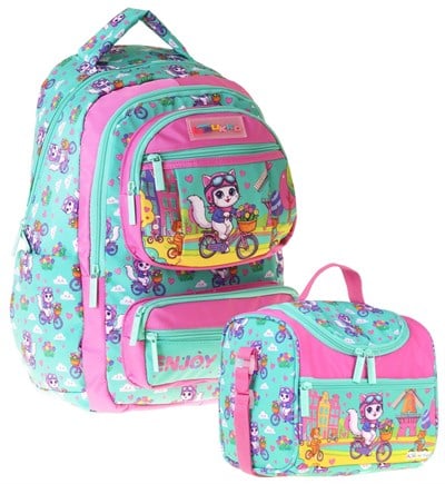 Kaukko Kids Cat Bike Kız Çocuk Yeşil - Pembe İlkokul Sırt Çantası ve Beslenme Çanta Seti - SETKK-L5328B