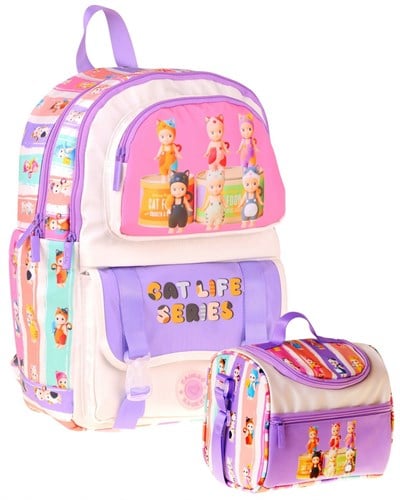Kaukko Kids Cat Life Kız Çocuk Mor - Krem İlkokul Sırt Çantası ve Beslenme Çanta Seti - SETKK-L5313B