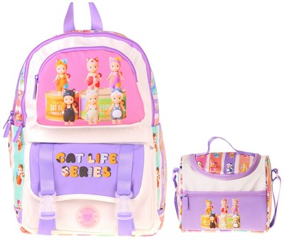 Kaukko Kids Cat Life Kız Çocuk Mor - Krem İlkokul Sırt Çantası ve Beslenme Çanta Seti - SETKK-L5313B