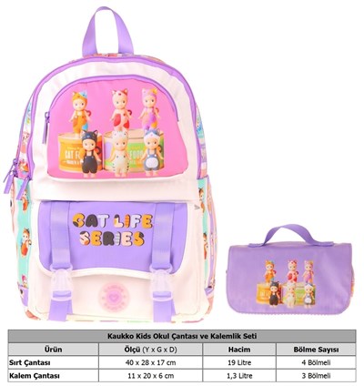 Kaukko Kids Cat Life Mor - Krem Kız Çocuk İlkokul Sırt Çantası ve Kalem Çantası Seti - SETKK-L5313C