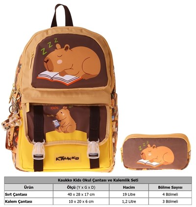 Kaukko Kids Clever Kahverengi Erkek Çocuk İlkokul Sırt Çantası ve Kalem Çantası Seti - SETKK-L5384C