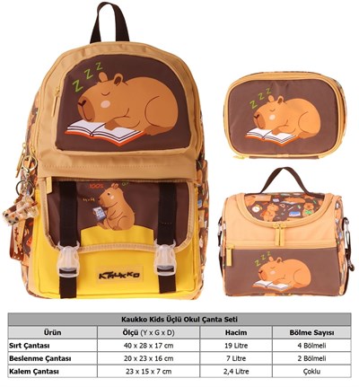 Kaukko Kids Clever(Kahverengi Renk) Erkek Çocuk Üçlü İlkokul Okul Çantası Seti/Takımı - SETKK-L5384D