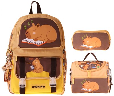 Kaukko Kids Clever(Kahverengi Renk) Erkek Çocuk Üçlü İlkokul Okul Çantası Seti/Takımı - SETKK-L5384A