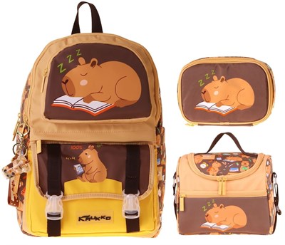 Kaukko Kids Clever(Kahverengi Renk) Erkek Çocuk Üçlü İlkokul Okul Çantası Seti/Takımı - SETKK-L5384D